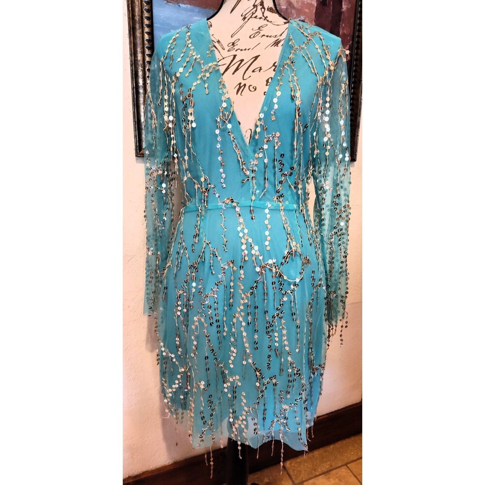 NWT Southern Fried Chics "Magic Mirror" Teal Sequin Fringe Cocktail Dress Sz Sm